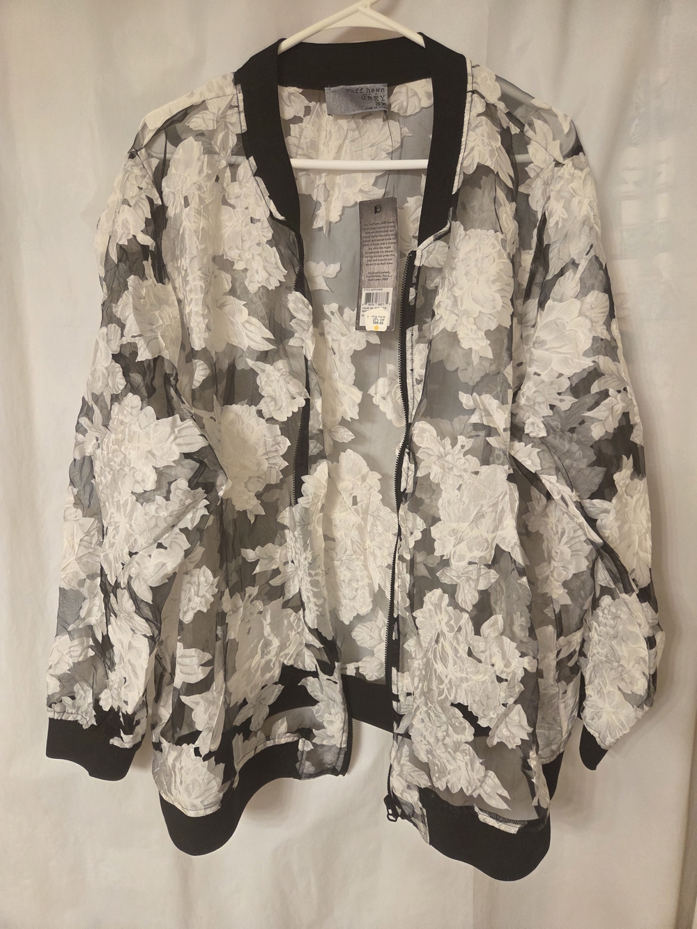 Ruff Hewn Sheer Floral Bomber Jacket in White and Black